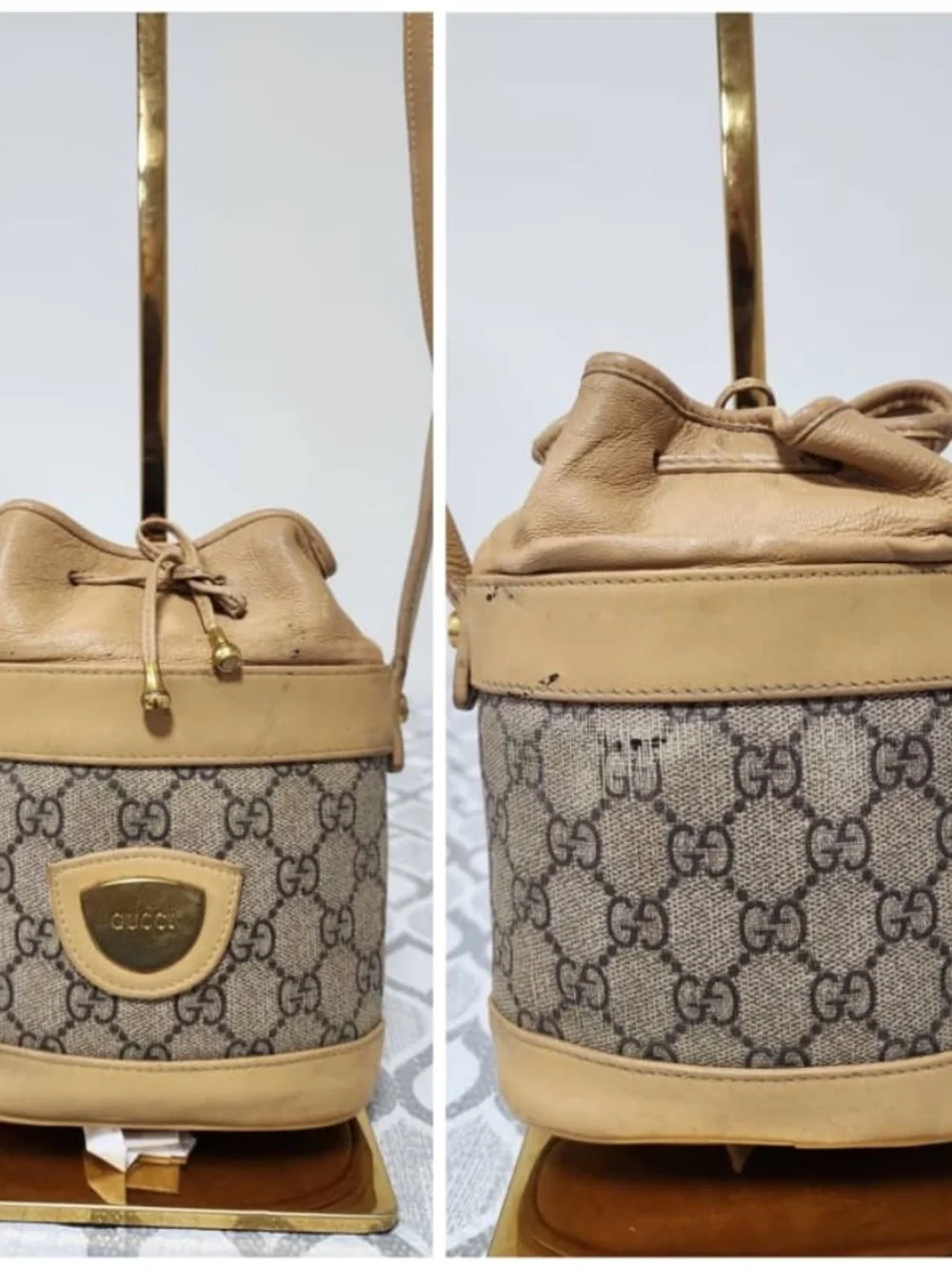 Authentic GUCCI Vintage Monogram Canvas Mini Drawstring Bucket Bag Brown/Beige - Picture 10 of 13